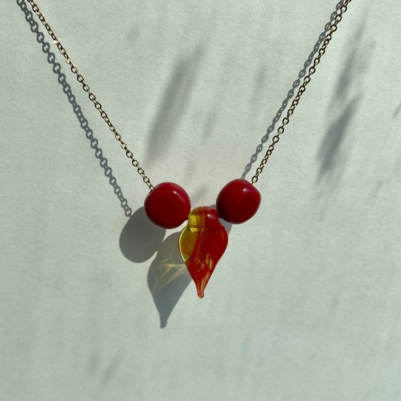 Lampwork leave & clay bead pendant non tarnish gold necklace stainless steel - Picture 2 of 3